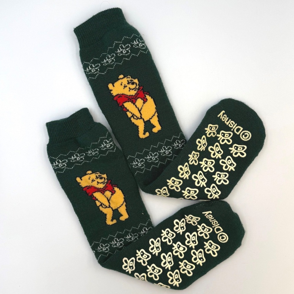 Disney Winnie the Pooh Slipper Socks Green Knit Non Slip Bee Grip Crew Socks
